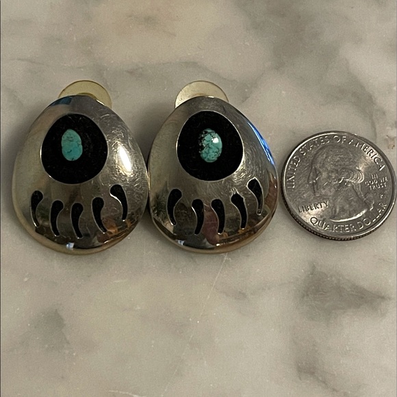 BIG Navajo Sterling & Turquoise Bear Paw Earrings - Picture 4 of 13
